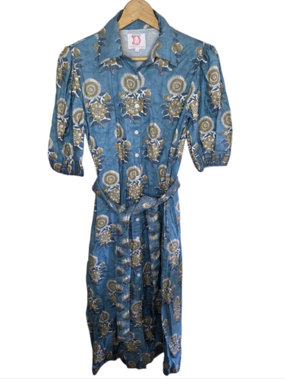 Victoria Dunn Eden Dusty Blue Floral Block Print Shirt Dress Size XS Cottagecore